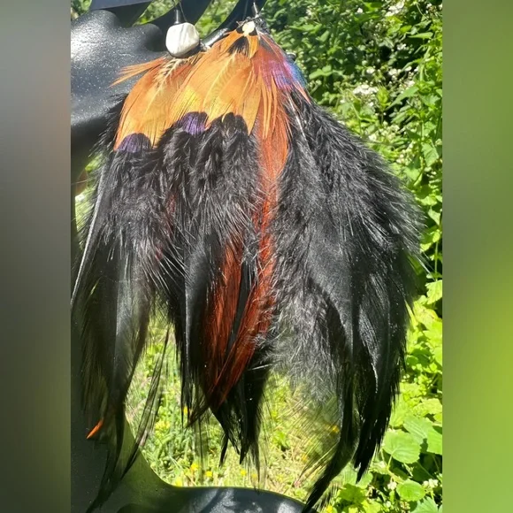 Black Feather Leather Sea Shell Statement Earrings - Picture 6 of 11